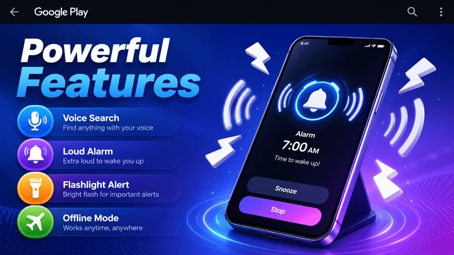 Find My Phone By Voice Powerful Features Banner with Loud Alarm, Flashlight Alert, and Voice Search on Google Play