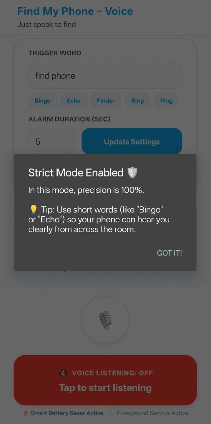 Find My Phone By Voice Strict Mode Precision Modal with Short Word Tips like Bingo and Echo