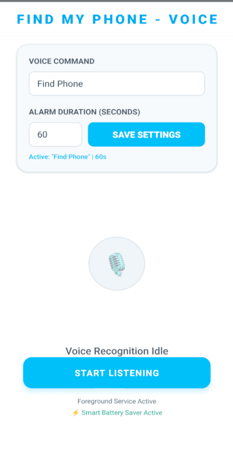 Find My Phone By Voice Command Settings Screen with 60 Seconds Alarm Duration and Start Listening Button