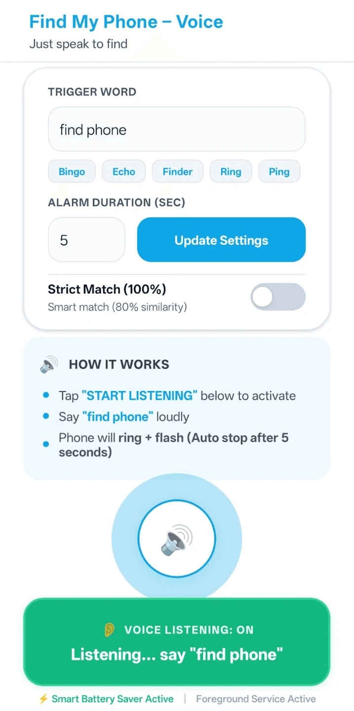 Find My Phone By Voice Active Listening Interface with Voice Trigger and Smart Battery Saver