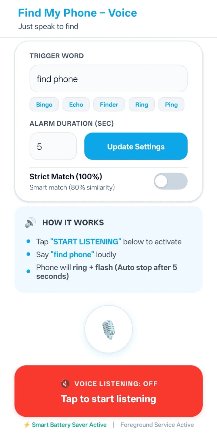 Find My Phone By Voice Setup Screen with Trigger Words, Alarm Duration in Seconds, and Smart Match Toggle