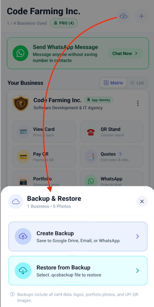 My BizQR Backup and Restore Modal allowing users to save .qcsbackup to Google Drive, Email or WhatsApp and restore anytime