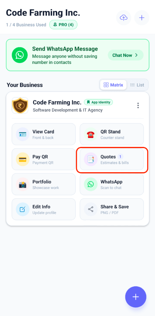 My BizQR Android App Dashboard featuring Quotes, Billing Estimates, QR Stand, and Business Profiles