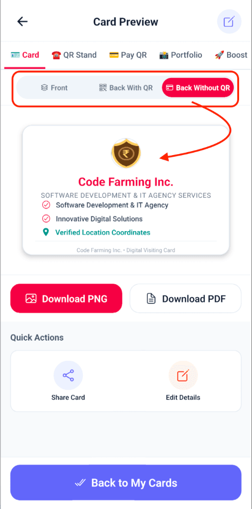 My BizQR Digital Visiting Card and Personal Card Back Without QR layout showing services, innovative digital solutions, and verified location coordinates