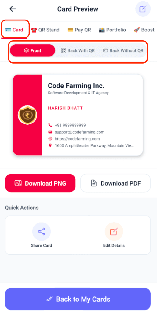 My BizQR Digital Visiting Card and Business Card Front Preview with company logo, phone, email, website and Download PNG PDF buttons