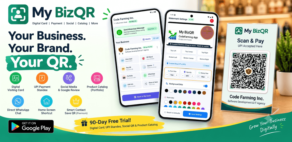 My BizQR Master Showcase Banner: Your Business. Your Brand. Your QR. Featuring Digital Visiting Card, UPI Standee, Estimation Quotation, and Product Catalog on Android