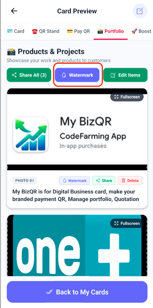 My BizQR Products and Projects Portfolio Tab showing work showcase, fullscreen viewer, and WhatsApp share buttons
