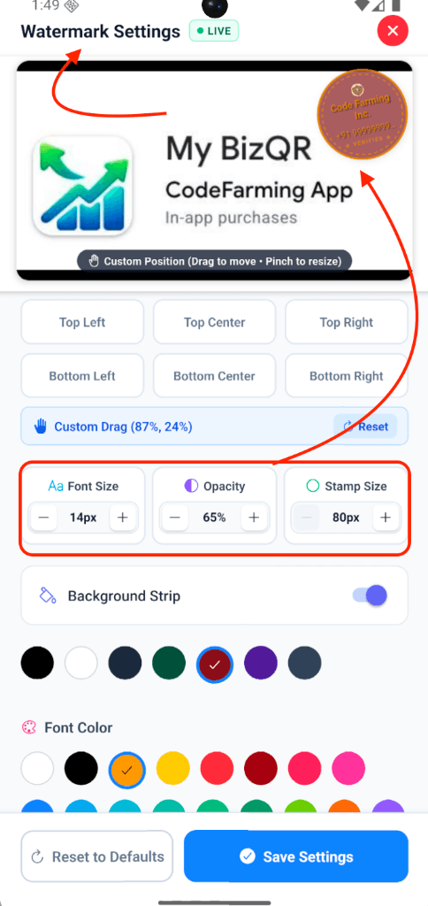 My BizQR Portfolio Watermark Studio with Custom Stamp Size, Opacity, and Drag-and-Drop Positioning