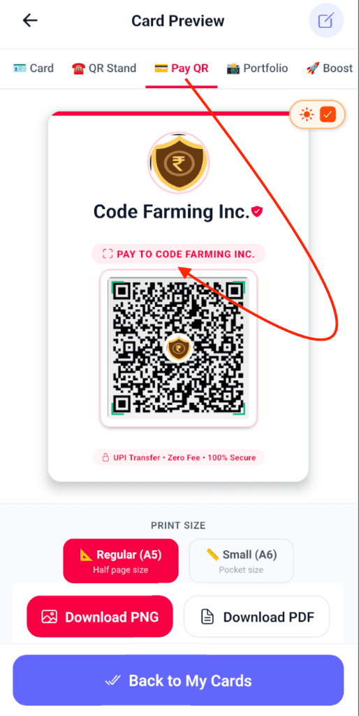 Self-Brand UPI Payment Standee Preview in My BizQR with A5 Half Page and A6 Pocket Size Acrylic Print Selectors